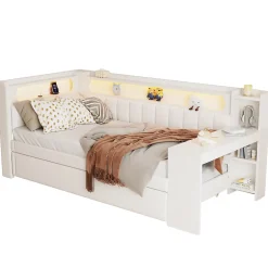 Redom Lit 90x200 cm tapissé avec éclairage LED et ports USB, tiroir gigogne et bureau intégré de couleur blanche Best