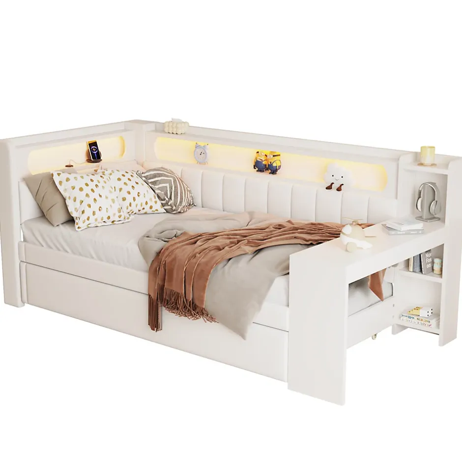 Redom Lit 90x200 cm tapissé avec éclairage LED et ports USB, tiroir gigogne et bureau intégré de couleur blanche Best
