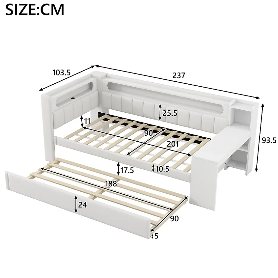 Redom Lit 90x200 cm tapissé avec éclairage LED et ports USB, tiroir gigogne et bureau intégré de couleur blanche Best