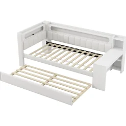 Redom Lit 90x200 cm tapissé avec éclairage LED et ports USB, tiroir gigogne et bureau intégré de couleur blanche Best