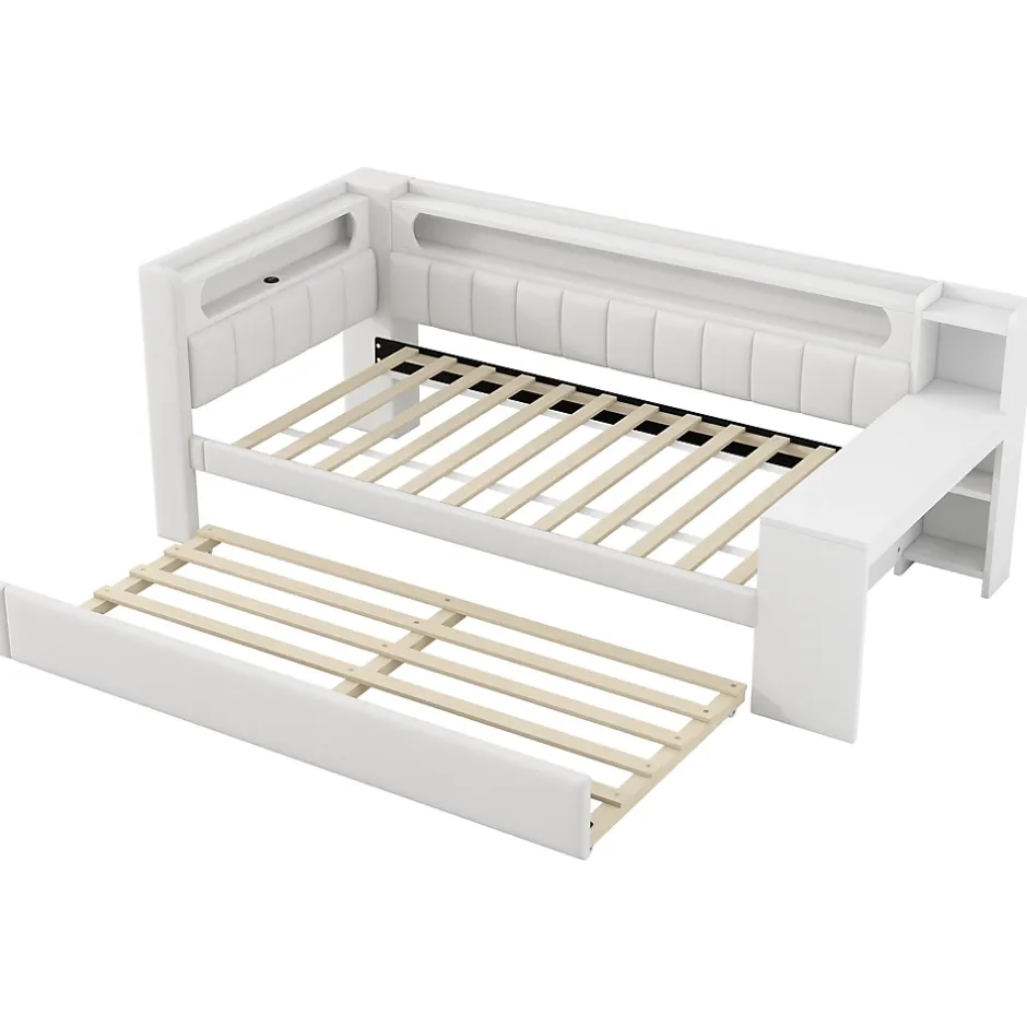 Redom Lit 90x200 cm tapissé avec éclairage LED et ports USB, tiroir gigogne et bureau intégré de couleur blanche Best
