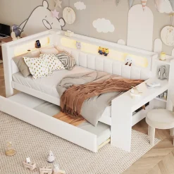Redom Lit 90x200 cm tapissé avec éclairage LED et ports USB, tiroir gigogne et bureau intégré de couleur blanche Best