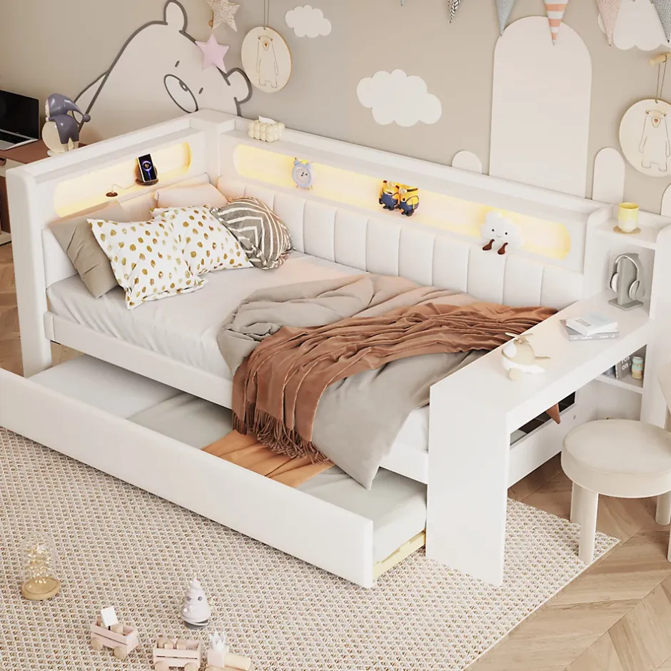 Redom Lit 90x200 cm tapissé avec éclairage LED et ports USB, tiroir gigogne et bureau intégré de couleur blanche Best