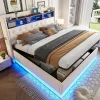 Redom Lit 180x200 cm tapissé beige avec LED multicolore et rangement hydraulique, cadre métal stable