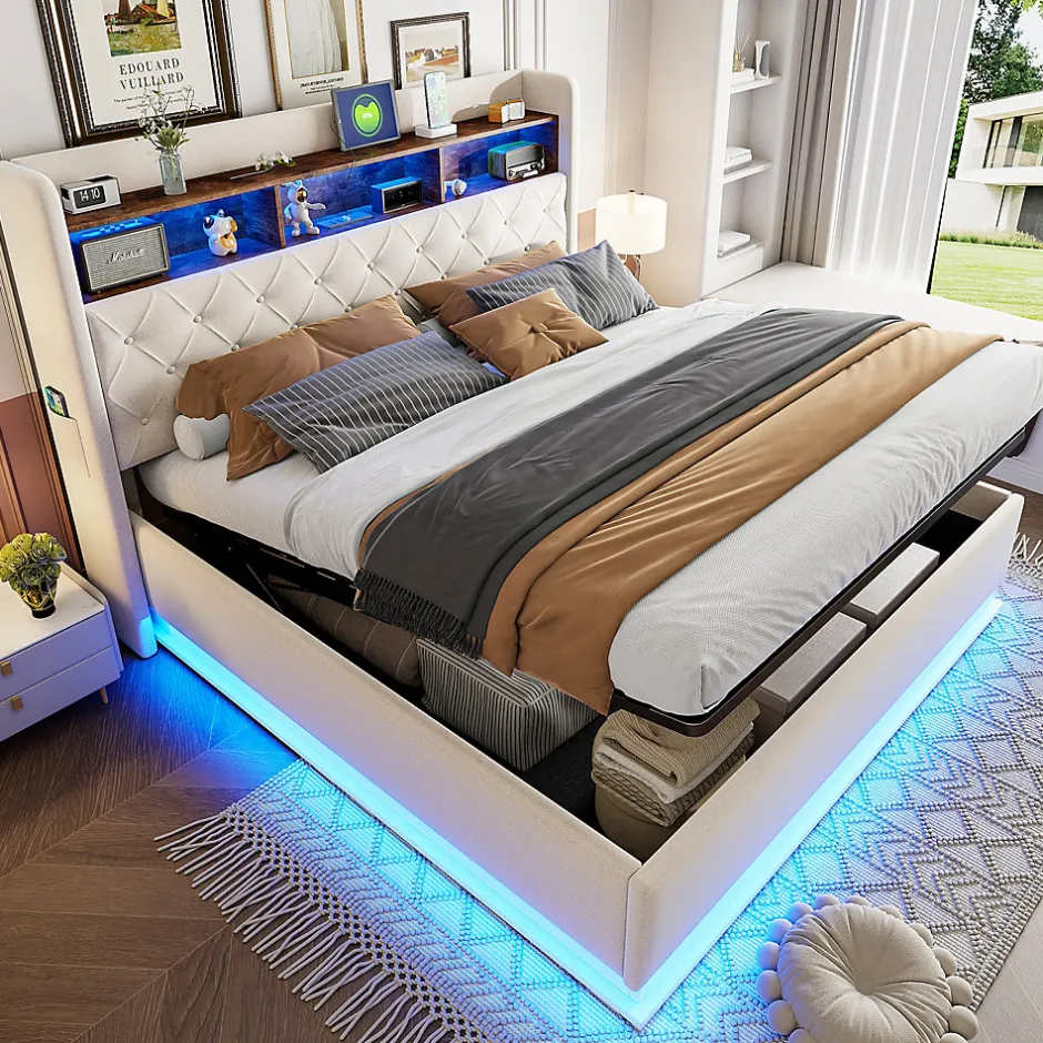 Redom Lit 180x200 cm tapissé beige avec LED multicolore et rangement hydraulique, cadre métal stable