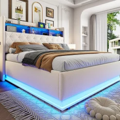 Redom Lit 180x200 cm tapissé beige avec LED multicolore et rangement hydraulique, cadre métal stable