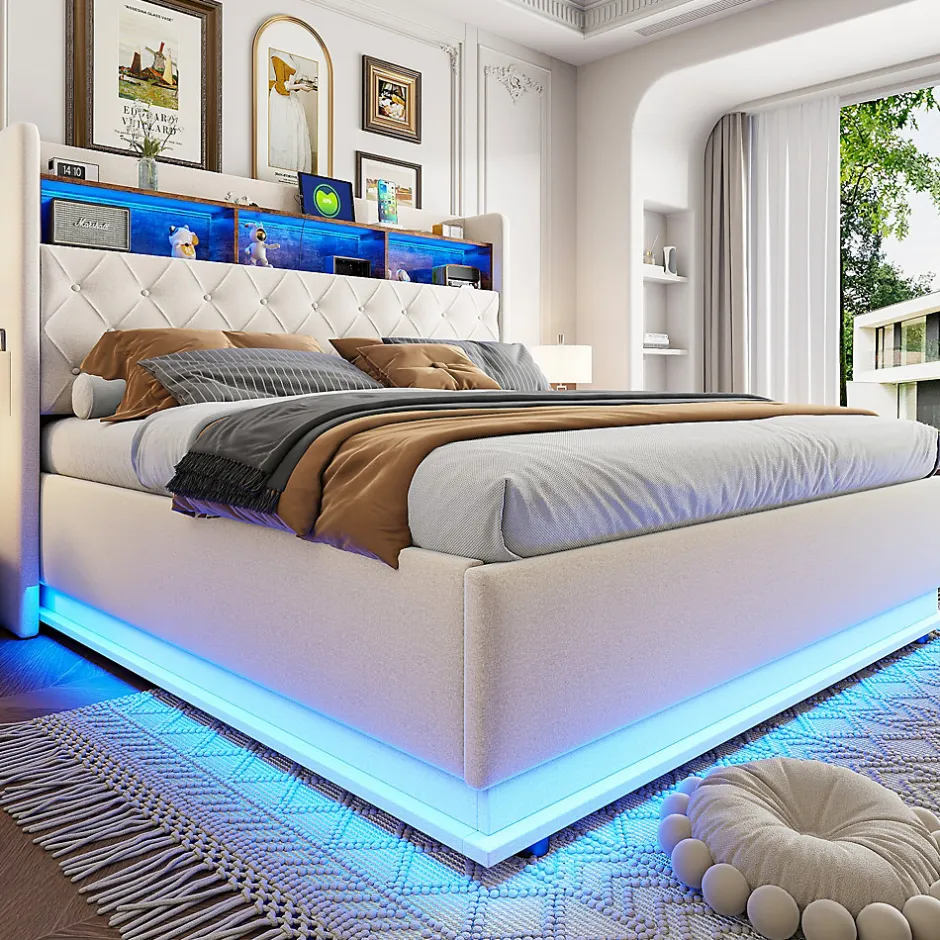 Redom Lit 180x200 cm tapissé beige avec LED multicolore et rangement hydraulique, cadre métal stable