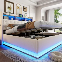 Redom Lit 180x200 cm tapissé beige avec LED multicolore et rangement hydraulique, cadre métal stable