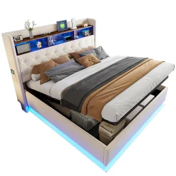 Redom Lit 180x200 cm tapissé beige avec LED multicolore et rangement hydraulique, cadre métal stable