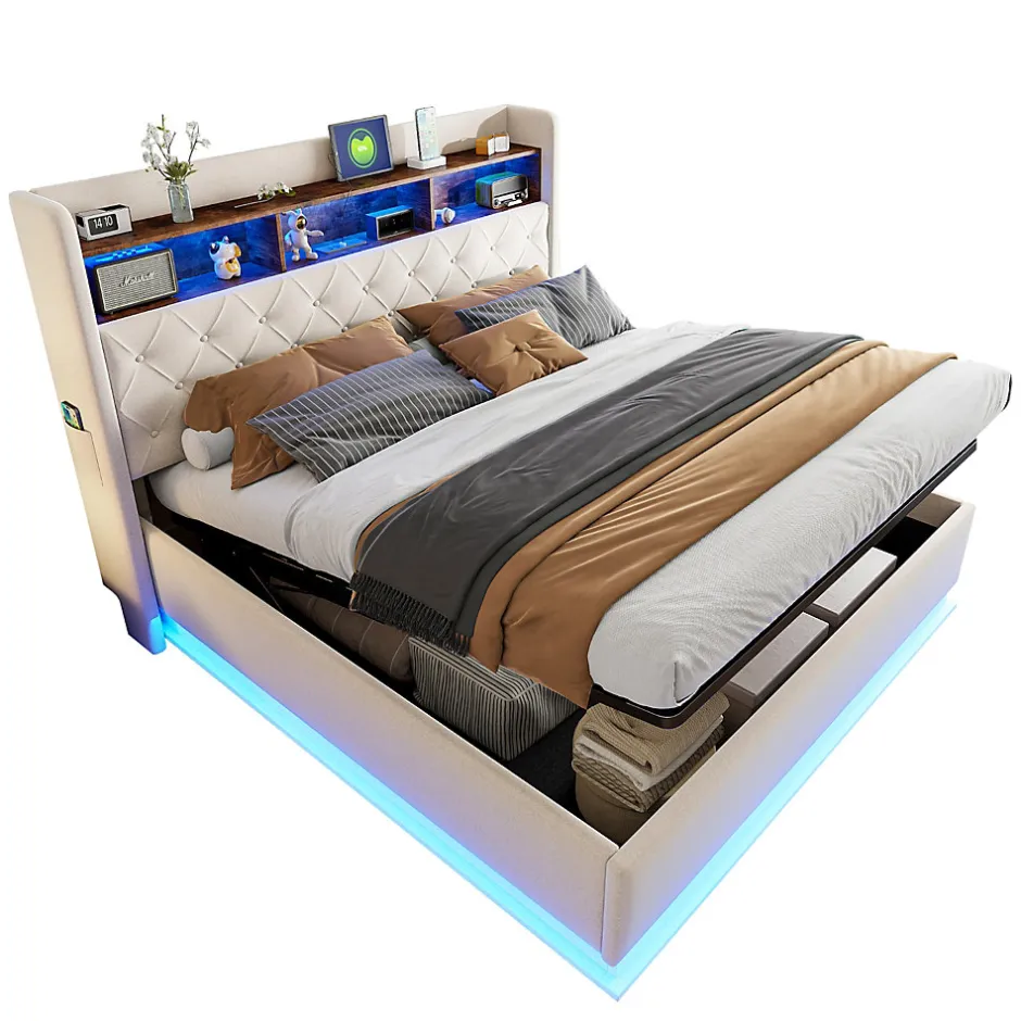 Redom Lit 180x200 cm tapissé beige avec LED multicolore et rangement hydraulique, cadre métal stable