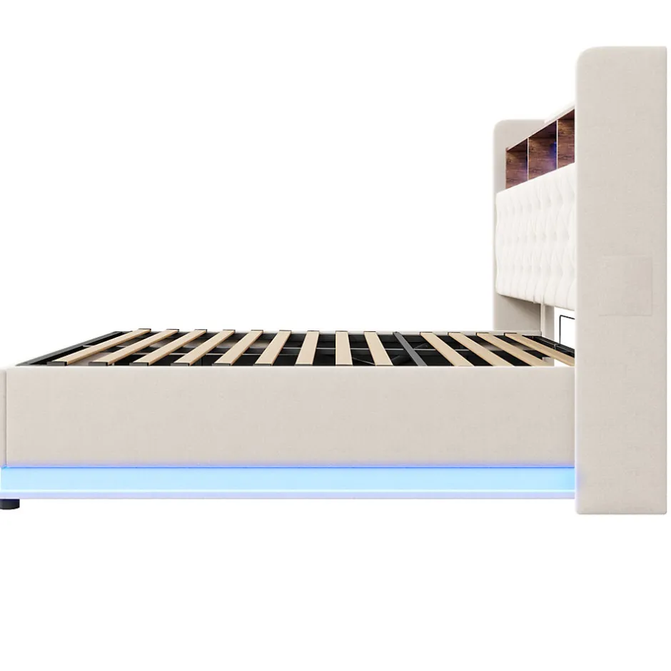 Redom Lit 180x200 cm tapissé beige avec LED multicolore et rangement hydraulique, cadre métal stable