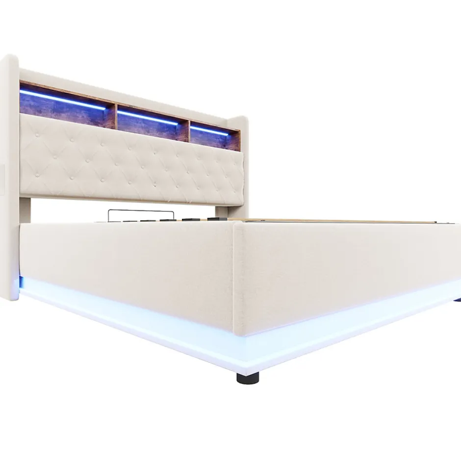 Redom Lit 180x200 cm tapissé beige avec LED multicolore et rangement hydraulique, cadre métal stable