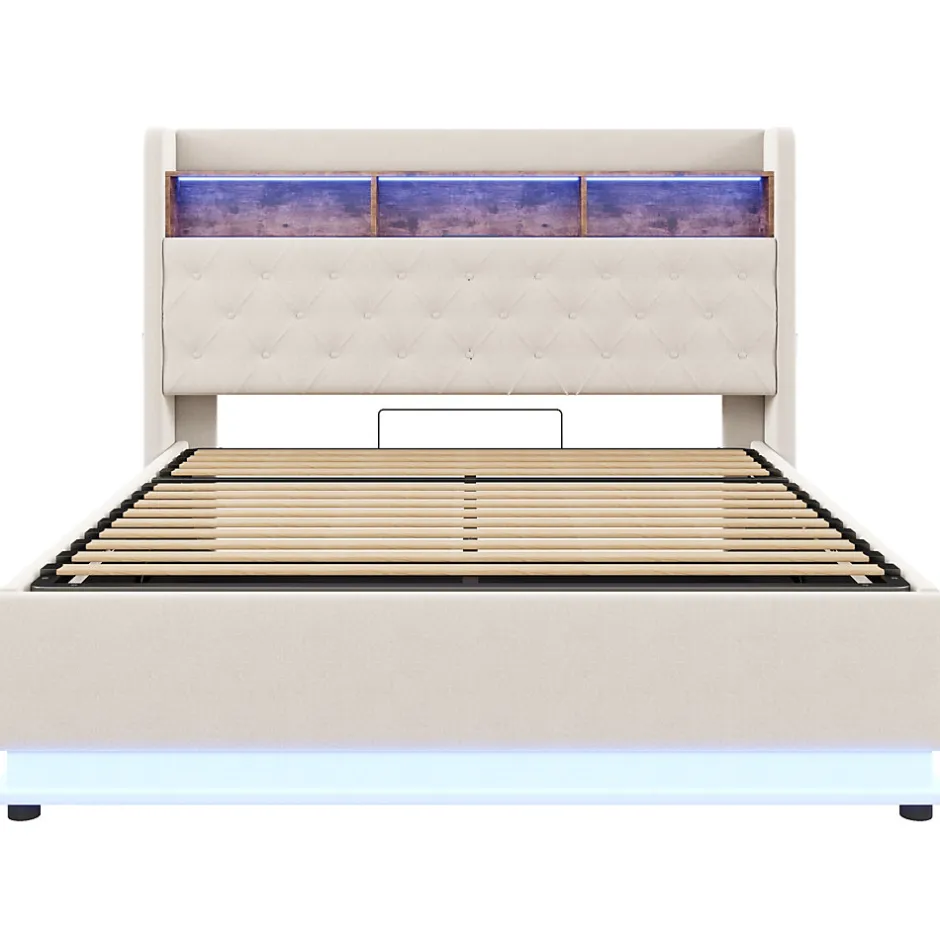 Redom Lit 180x200 cm tapissé beige avec LED multicolore et rangement hydraulique, cadre métal stable