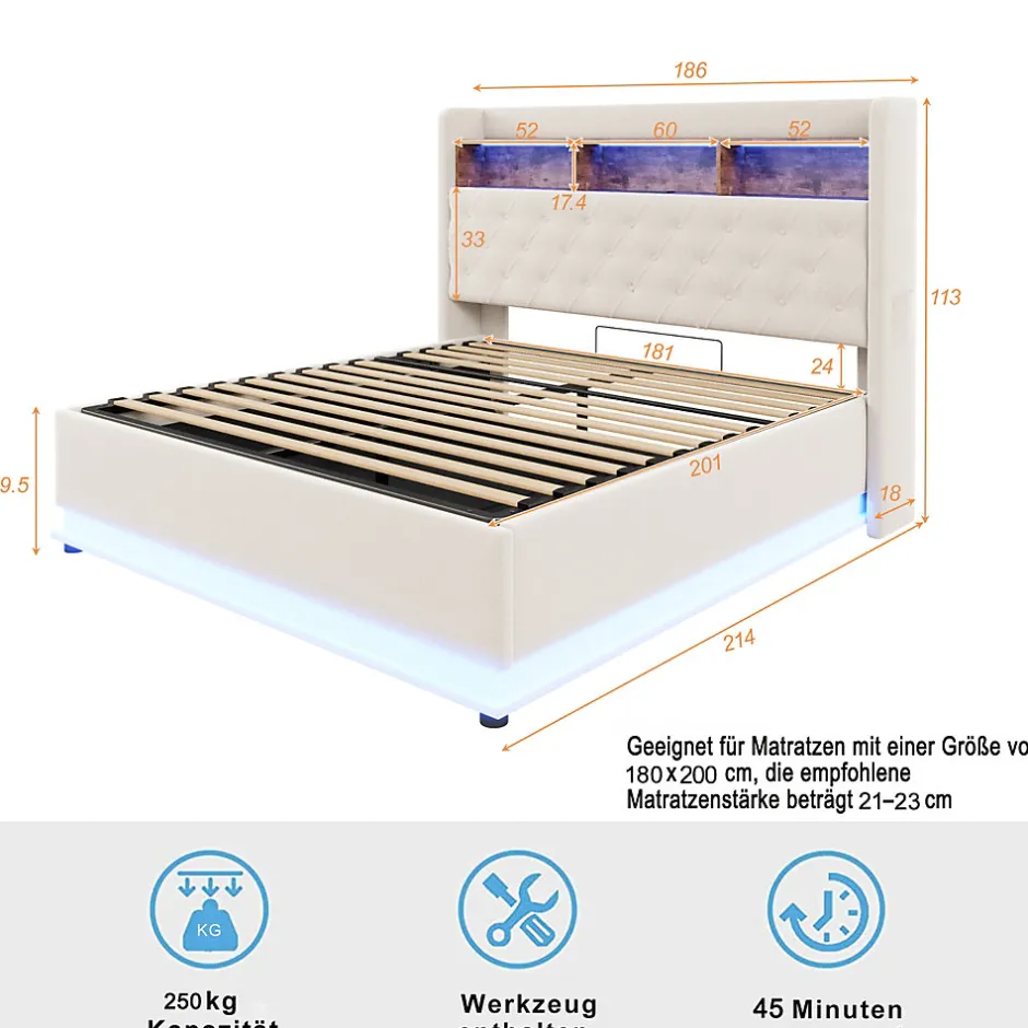 Redom Lit 180x200 cm tapissé beige avec LED multicolore et rangement hydraulique, cadre métal stable