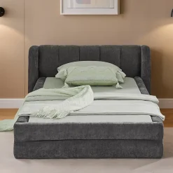 Redom Lit 90x200 cm tapissé chenille Dark Gray avec tête de lit ergonomique et profil bas minimaliste Clearance