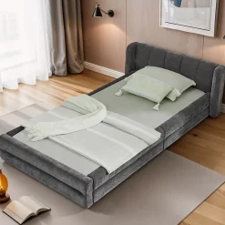 Redom Lit 90x200 cm tapissé chenille Dark Gray avec tête de lit ergonomique et profil bas minimaliste Clearance