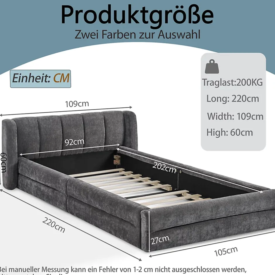 Redom Lit 90x200 cm tapissé chenille Dark Gray avec tête de lit ergonomique et profil bas minimaliste Clearance