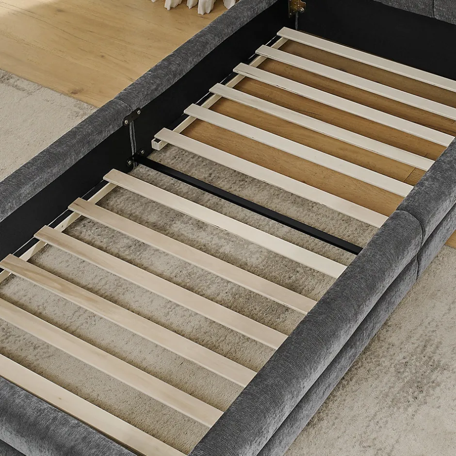 Redom Lit 90x200 cm tapissé chenille Dark Gray avec tête de lit ergonomique et profil bas minimaliste Clearance