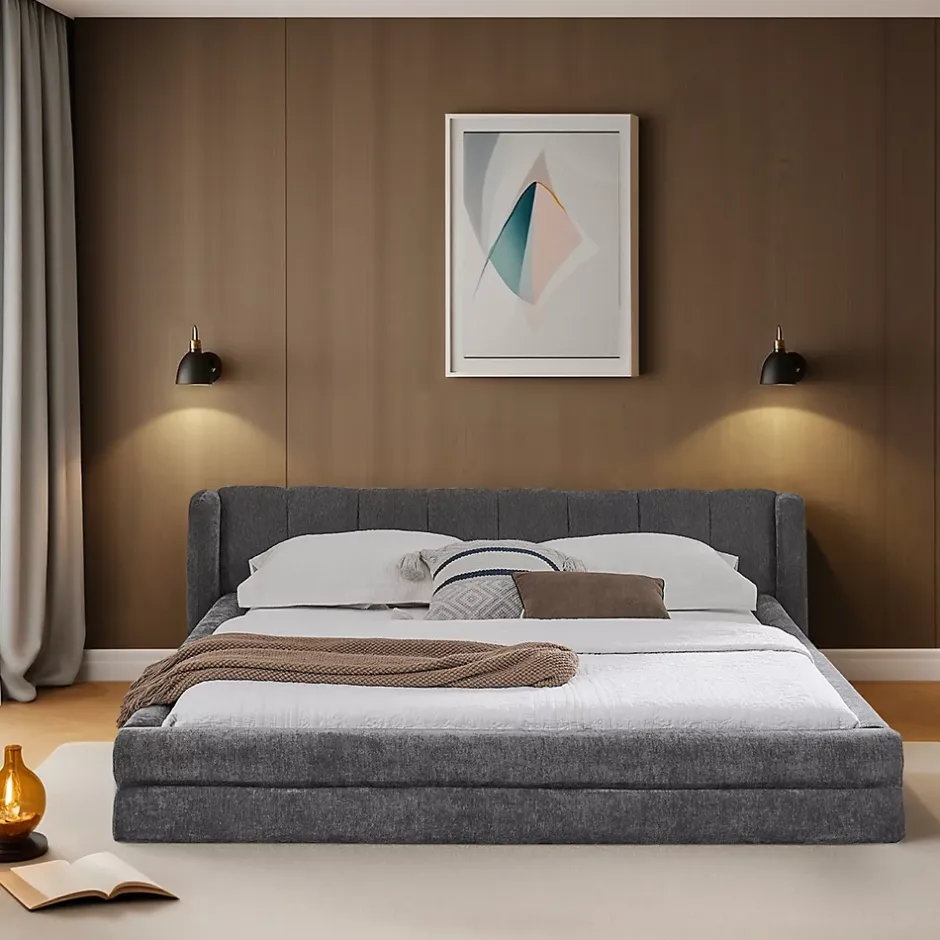 Redom Lit 140x200 cm tapissé chenille avec tête matelassée et structure renforcée, gris foncé, design scandinave Sale