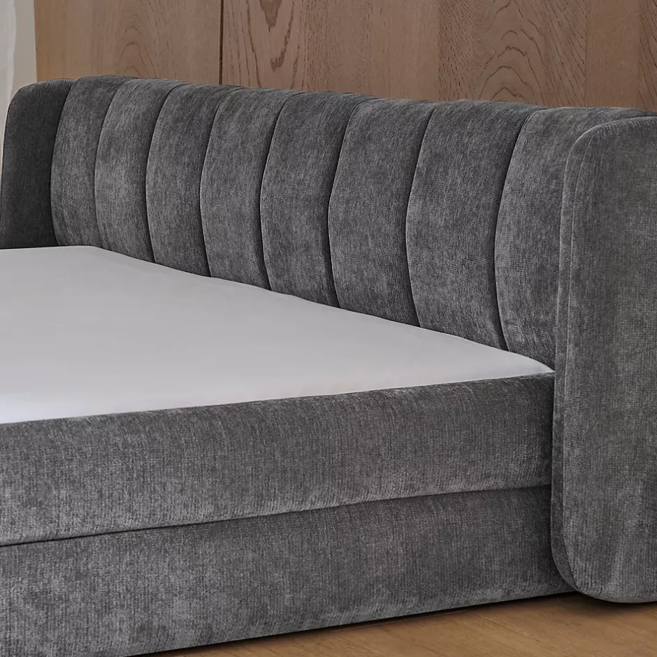 Redom Lit 140x200 cm tapissé chenille avec tête matelassée et structure renforcée, gris foncé, design scandinave Sale