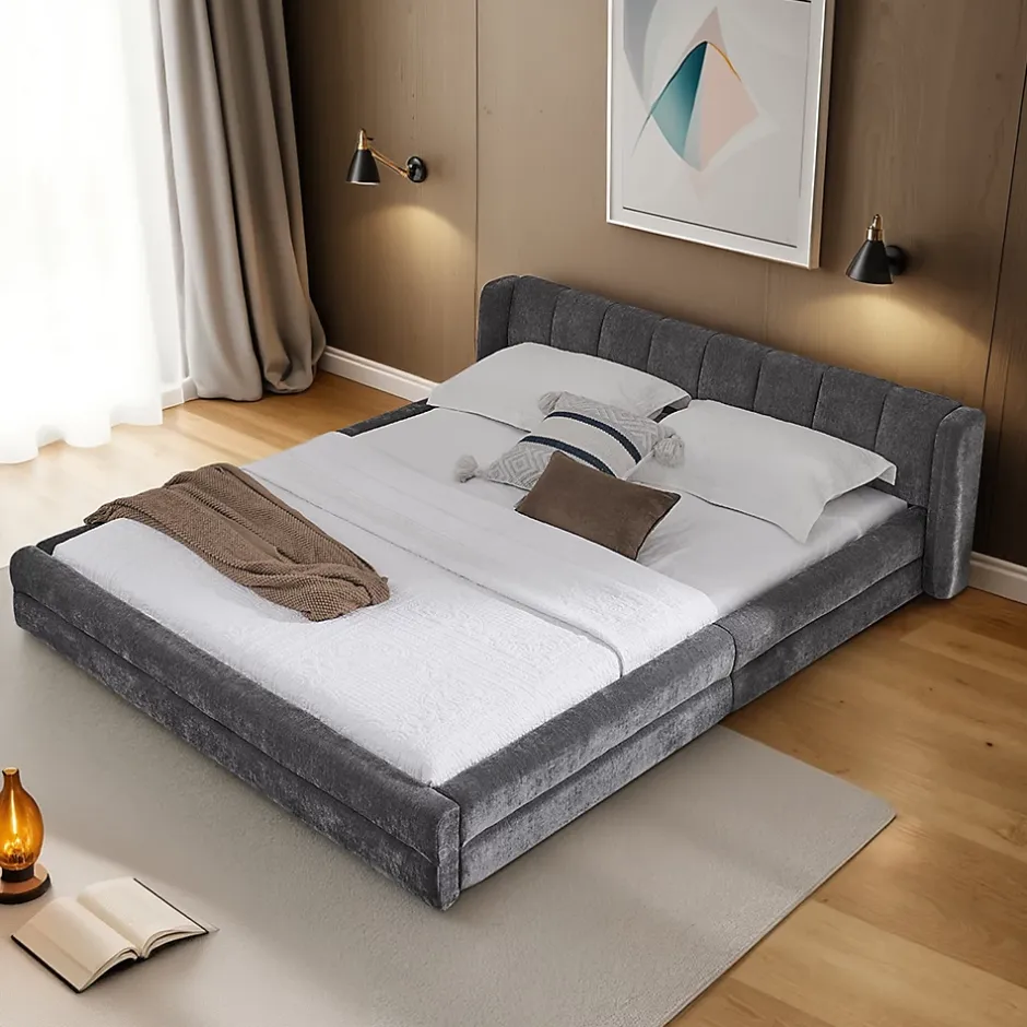 Redom Lit 140x200 cm tapissé chenille avec tête matelassée et structure renforcée, gris foncé, design scandinave Sale