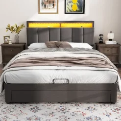 Redom Lit 140x190 cm tapissé effet lin avec tête de lit à éclairage LED, rangement sous le lit et structure acier Best