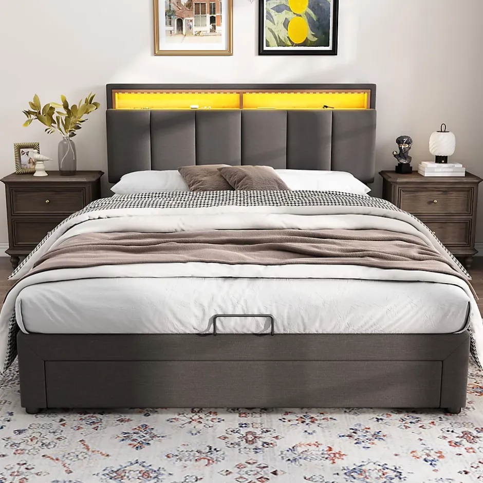 Redom Lit 140x190 cm tapissé effet lin avec tête de lit à éclairage LED, rangement sous le lit et structure acier Best