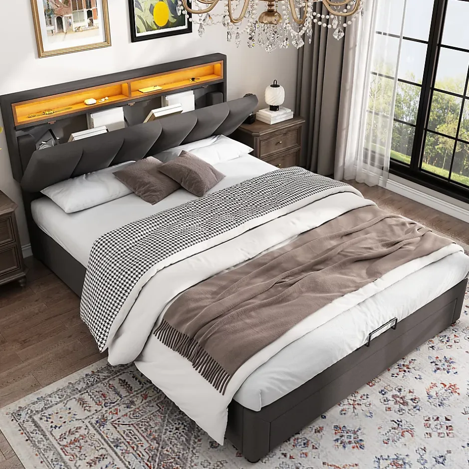 Redom Lit 140x190 cm tapissé effet lin avec tête de lit à éclairage LED, rangement sous le lit et structure acier Best