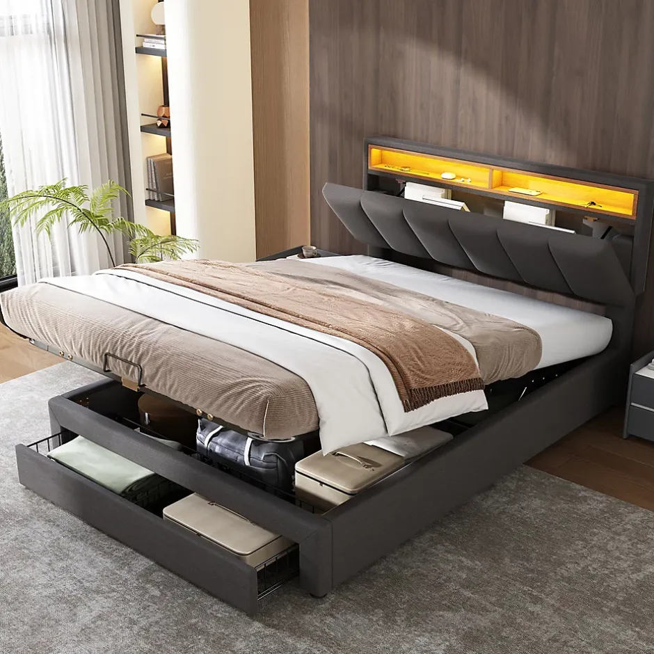 Redom Lit 140x190 cm tapissé effet lin avec tête de lit à éclairage LED, rangement sous le lit et structure acier Best