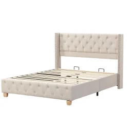 Redom Lit 160x200 cm tapissé en lin avec tête capitonnée et clous décoratifs, pieds renforcés beiges Discount