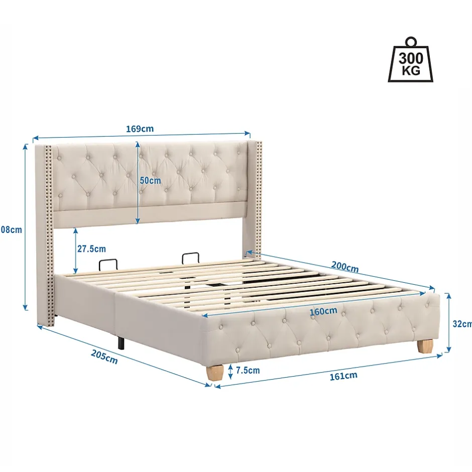 Redom Lit 160x200 cm tapissé en lin avec tête capitonnée et clous décoratifs, pieds renforcés beiges Discount