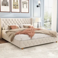 Redom Lit 160x200 cm tapissé en lin avec tête capitonnée et clous décoratifs, pieds renforcés beiges Discount