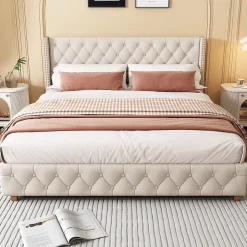 Redom Lit 160x200 cm tapissé en lin avec tête capitonnée et clous décoratifs, pieds renforcés beiges Discount
