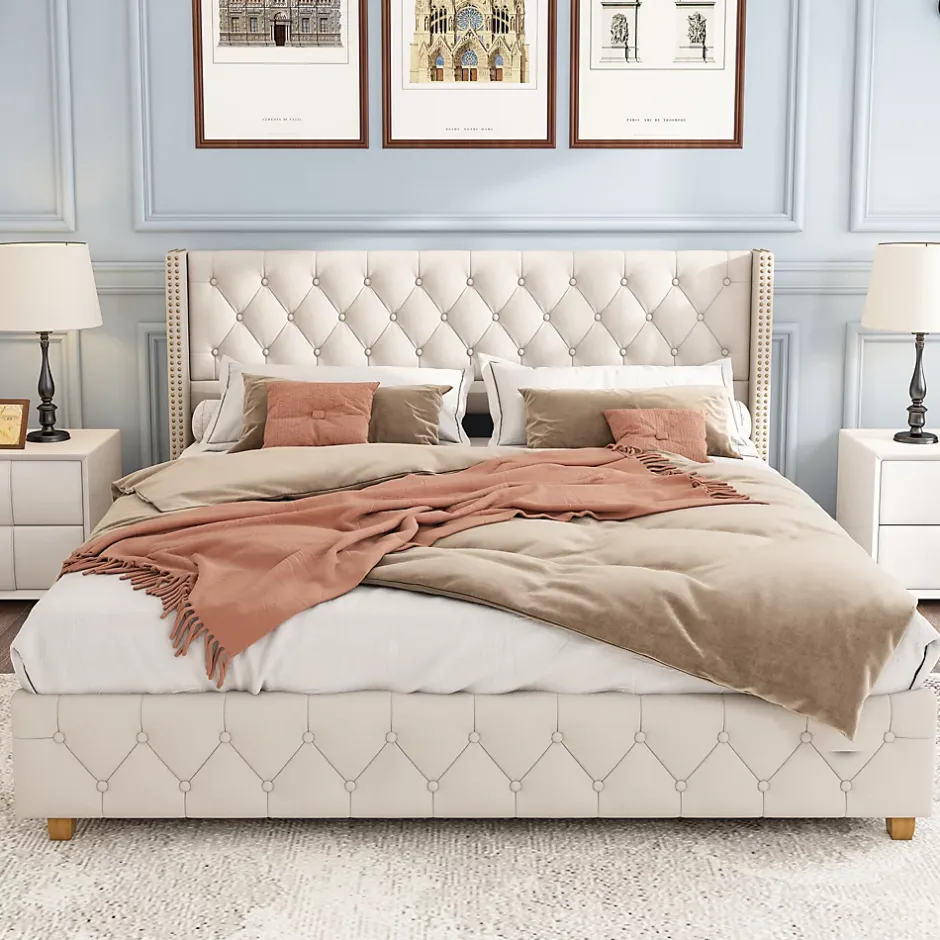 Redom Lit 160x200 cm tapissé en lin avec tête capitonnée et clous décoratifs, pieds renforcés beiges Discount