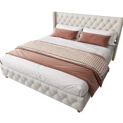 Redom Lit 160x200 cm tapissé en lin avec tête capitonnée et clous décoratifs, pieds renforcés beiges Discount