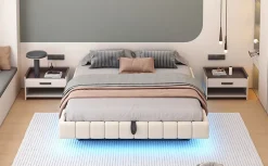 Redom Lit 180x200 cm tapissé en lin beige avec rangement hydraulique et bande LED intégrée, sans tête, cadre métal robuste Online