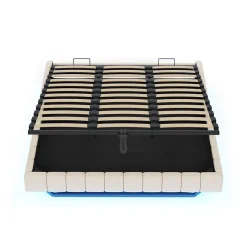 Redom Lit 180x200 cm tapissé en lin beige avec rangement hydraulique et bande LED intégrée, sans tête, cadre métal robuste Online