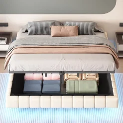 Redom Lit 180x200 cm tapissé en lin beige avec rangement hydraulique et bande LED intégrée, sans tête, cadre métal robuste Online