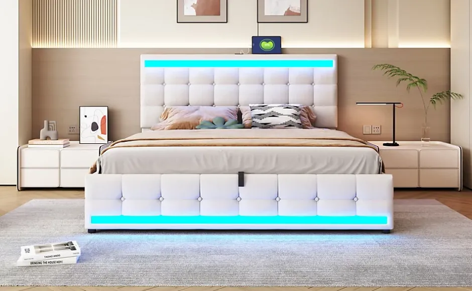 Redom Lit 180x200 cm tapissé en lin beige avec bande LED RGB intégrée, tête de lit réglable et ports USB Hot