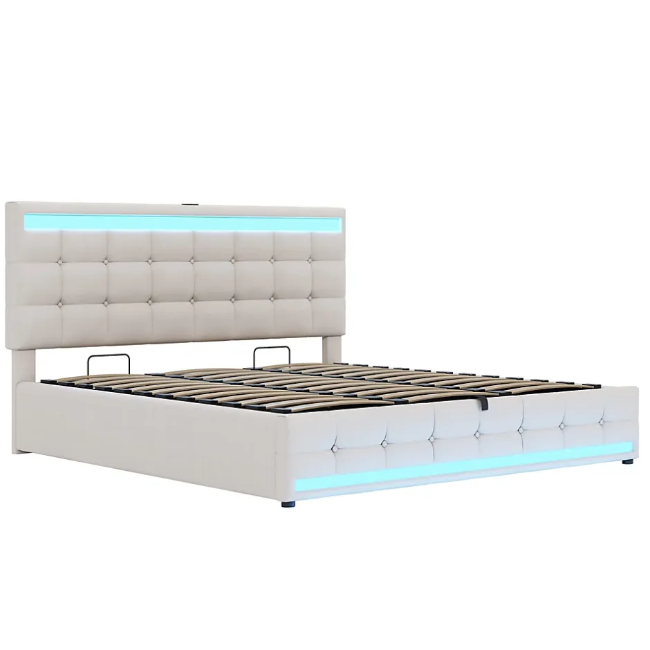 Redom Lit 180x200 cm tapissé en lin beige avec bande LED RGB intégrée, tête de lit réglable et ports USB Hot