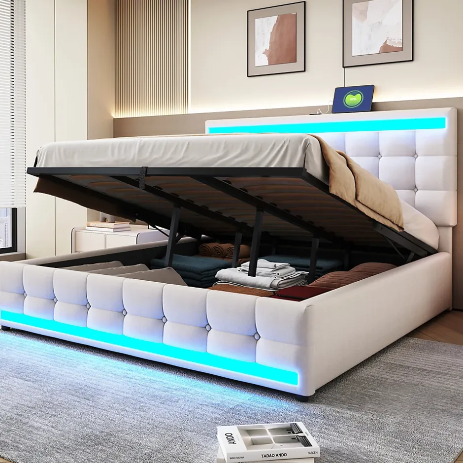 Redom Lit 180x200 cm tapissé en lin beige avec bande LED RGB intégrée, tête de lit réglable et ports USB Hot