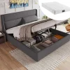Redom Lit 160x200 cm tapissé en lin gris avec tête de lit réglable et coffre de rangement hydraulique
