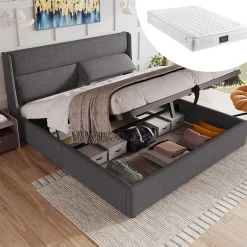 Redom Lit 160x200 cm tapissé en lin gris avec tête de lit réglable et coffre de rangement hydraulique