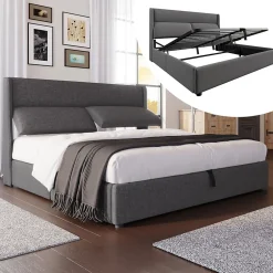 Redom Lit 160x200 cm tapissé en lin gris avec tête de lit réglable et coffre de rangement hydraulique