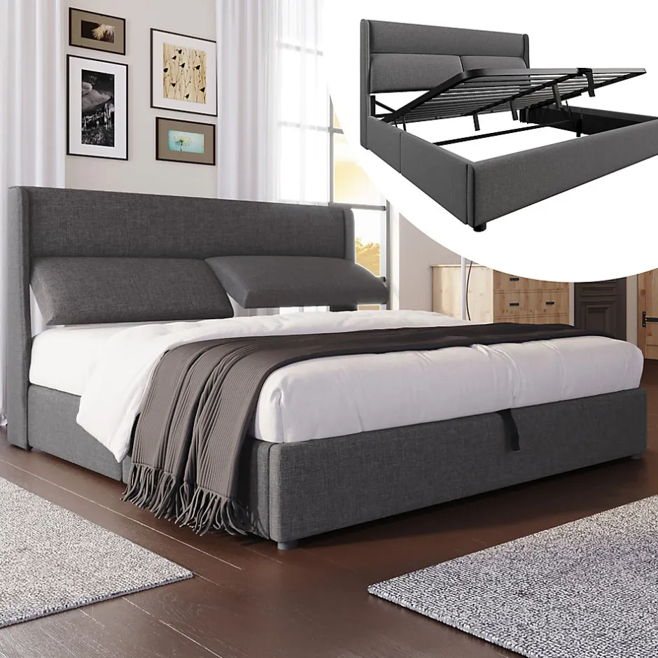 Redom Lit 160x200 cm tapissé en lin gris avec tête de lit réglable et coffre de rangement hydraulique