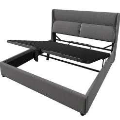 Redom Lit 160x200 cm tapissé en lin gris avec tête de lit réglable et coffre de rangement hydraulique
