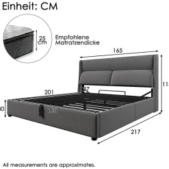 Redom Lit 160x200 cm tapissé en lin gris avec tête de lit réglable et coffre de rangement hydraulique