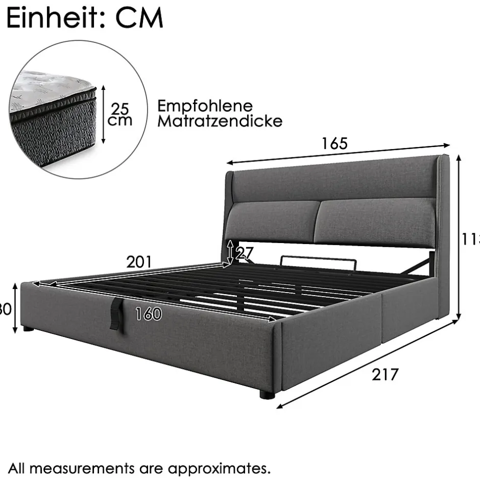 Redom Lit 160x200 cm tapissé en lin gris avec tête de lit réglable et coffre de rangement hydraulique