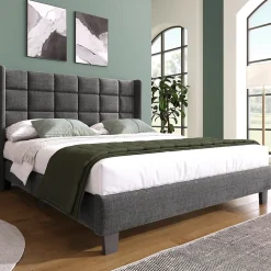 Redom Lit 140x200 cm tapissé en lin gris, tête de lit haute et rembourrée, sommier à lattes intégré, pieds noirs Online