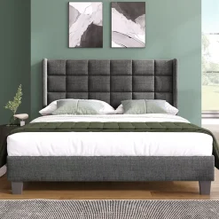 Redom Lit 140x200 cm tapissé en lin gris, tête de lit haute et rembourrée, sommier à lattes intégré, pieds noirs Online